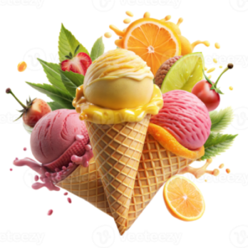 assortment-of-colorful-ice-cream-scoops-in-waffle-cones-with-fresh-fruits-on-a-transparent-background-png